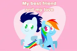 Size: 1935x1285 | Tagged: safe, anonymous artist, derpibooru import, rainbow dash, soarin', pegasus, pony, series:soarindash relationship, series:soarindash romantic tales, g4, derpibooru exclusive, female, image, jpeg, looking at each other, looking at someone, male, mare, pointy ponies, shipping, sitting, smiling, smiling at each other, soarindash, stallion, straight, text