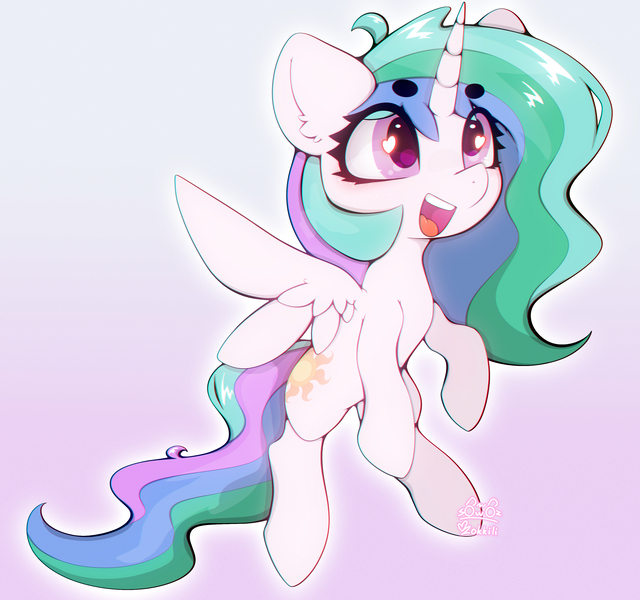 Size: 3200x3000 | Tagged: safe, artist:zokkili, derpibooru import, princess celestia, alicorn, pony, g4, ear fluff, eye clipping through hair, eyebrows, eyebrows visible through hair, female, gradient background, heart, heart eyes, high res, horn, image, jpeg, open mouth, open smile, smiling, solo, spread wings, wingding eyes, wings