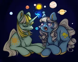 Size: 1280x1024 | Tagged: safe, artist:anyponyrequests, derpibooru import, starbeam, sunbeam, earth pony, pony, unicorn, g1, g3, cute, duo, earth, female, g1betes, g3betes, horn, image, in awe, jpeg, jupiter, magic, magic aura, mare, mars, mars (planet), mercury (planet), neptune (planet), planet, saturn, sun, uranus, venus