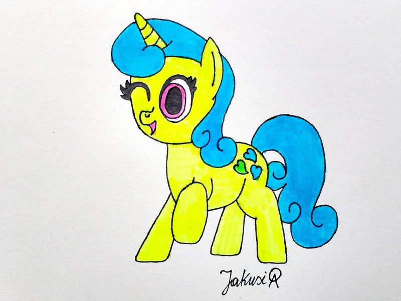 Size: 3264x2448 | Tagged: safe, artist:jakusi, ponerpics import, lemon hearts, pony, unicorn, background pony, female, image, jpeg, looking at you, mare, one eye closed, raised hoof, signature, smiling, smiling at you, solo, traditional art, wink, winking at you