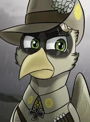 Size: 624x840 | Tagged: safe, artist:notoriousnostalgia, derpibooru import, oc, oc:nikolaus janaris stahlhertz, unofficial characters only, gryphon, equestria at war mod, beak, bust, clothes, digital art, folded wings, general, german, griffon oc, hat, image, iron cross, looking right, male, medal, military, military uniform, new characters for equestria at war, new characters for equestria at war mod, outdoors, png, portrait, scar, solo, uniform, wings