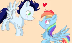 Size: 2227x1352 | Tagged: safe, artist:drawponiesblog, derpibooru import, rainbow dash, soarin', pegasus, pony, g4, female, image, male, mare, png, shipping, soarindash, stallion, straight