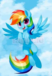 Size: 1373x2000 | Tagged: safe, artist:yangere, derpibooru import, rainbow dash, pegasus, g4, female, flying, image, jpeg, obtrusive watermark, solo, solo female, watermark, wings