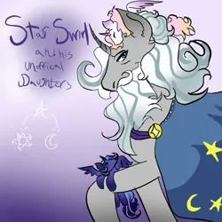 Size: 1280x1280 | Tagged: safe, anonymous artist, derpibooru import, princess celestia, princess luna, star swirl the bearded, alicorn, pony, unicorn, g4, adopted, blue eyes, cloak, clothes, dark blue wings, eyes closed, father and child, father and daughter, female, graying hair, horn, image, male, moon, on arm, on head, png, purple wingtips, siblings, sisters, stars, unofficial daughters, young celestia, young luna