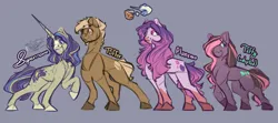 Size: 4500x2000 | Tagged: safe, artist:stardustspix, derpibooru import, oc, oc:caramel, oc:cloud collapse, oc:planemo, oc:supernova, oc:taffy, oc:toffee, unofficial characters only, crystal pony, earth pony, pony, unicorn, adopted offspring, beard, blaze (coat marking), coat markings, facial hair, facial markings, female, high res, horn, image, male, mare, mealy mouth (coat marking), multicolored hair, name, oc x oc, offspring, png, shipping, simple background, sketch, stallion