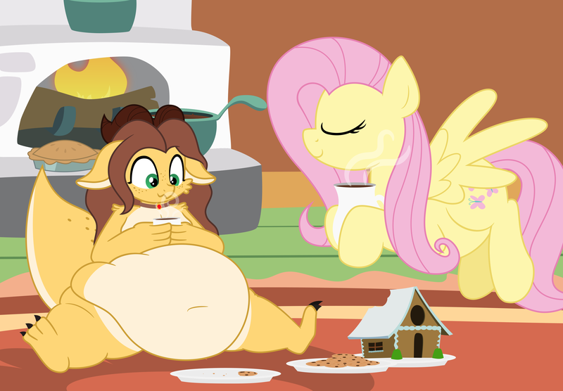 Size: 3600x2500 | Tagged: suggestive, artist:worstsousaphonehorse, derpibooru import, buttershy, fluttershy, oc, oc:wanda, kobold, pegasus, pony, g4, background, belly, big belly, canon x oc, chocolate, chubby, duo, duo female, fat, female, fireplace, fluttershy's cottage, flying, food, gingerbread (food), gingerbread house, hot chocolate, huge belly, image, impossibly large belly, mug, png, shipping, sitting, vector