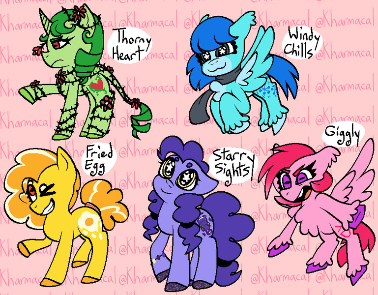 Size: 915x714 | Tagged: safe, artist:kharmacal, derpibooru import, oc, oc:fried egg, oc:giggly, oc:starry sights, oc:thorny heart, oc:windy chills, unofficial characters only, earth pony, pegasus, unicorn, :3, :c, >:c, >:d, chest fluff, clothes, ear fluff, frown, group, hooves, horizontal pupils, horn, image, jpeg, leonine tail, redesign, scarf, sextet, sparkles, sparkly hooves, tail, two toned hair, unshorn fetlocks, wingding eyes