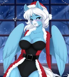 Size: 1737x1945 | Tagged: suggestive, artist:munrei, derpibooru import, oc, oc:icy heart, anthro, big breasts, blushing, breasts, christmas, clothes, erect nipples, female, freckles, hat, holiday, image, nipple outline, nipple piercing, nipples, nudity, piercing, png, santa hat, snow, solo, window, wings