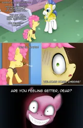 Size: 1989x3072 | Tagged: safe, artist:anonymousandrei, derpibooru import, li'l cheese, pacific glow, pinkie pie, earth pony, pony, comic:life of li'l cheese, g4, the last problem, bag, colt, comic, creepy, creepy smile, derpibooru exclusive, dialogue, female, foal, hallucination, image, jpeg, male, mare, pinkamena diane pie, royal guard, saddle bag, scared, shaking, shrunken pupils, smiling, stallion, talking, text