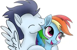 Size: 2139x1395 | Tagged: suggestive, artist:pinky cloudy, derpibooru import, rainbow dash, soarin', pegasus, pony, g4, biting, blushing, duo, ear bite, eyes closed, female, image, male, mare, movie accurate, png, shipping, simple background, smiling, soarindash, stallion, straight, white background