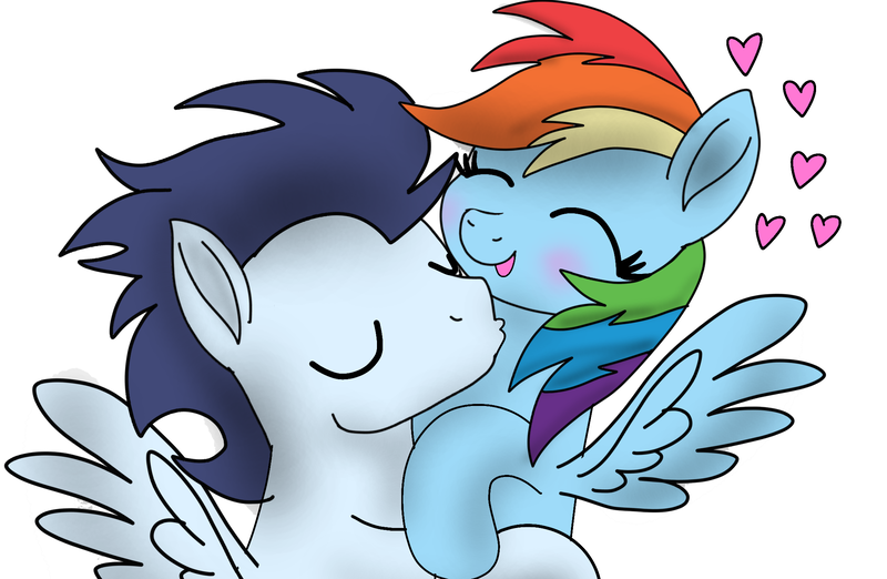 Size: 2139x1395 | Tagged: safe, artist:pinky cloudy, derpibooru import, rainbow dash, soarin', pegasus, pony, g4, blushing, eyes closed, female, heart, image, kissing, male, mare, movie accurate, neck kiss, png, shipping, smiling, soarindash, stallion, straight