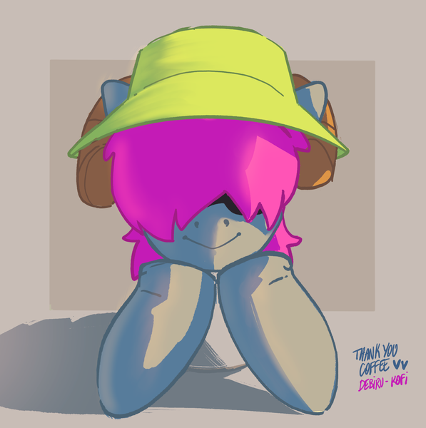 Size: 1892x1900 | Tagged: safe, artist:debiru, derpibooru import, oc, oc:bliss, oc:puffy bliss, :p, album cover, bucket hat, bust, clothes, cute, freckles, gift art, goat horns, hair over eyes, hat, holding head, horns, image, king gizzard & the lizard wizard, png, portrait, scarf, shading, simple background, sunglasses, tongue out