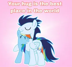 Size: 1502x1395 | Tagged: safe, anonymous editor, artist:soarindasher10, derpibooru import, edit, rainbow dash, soarin', pegasus, pony, g4, female, hug, image, jpeg, male, mare, shipping, smiling, soarindash, stallion, straight, text