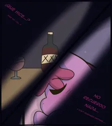 Size: 1828x2048 | Tagged: safe, artist:eltrash_art6, derpibooru import, berry punch, berryshine, earth pony, pony, comic:a crazy night, g4, alcohol, bottle, eyes closed, glass, image, jpeg, sleeping, spanish, translation, wine, wine glass