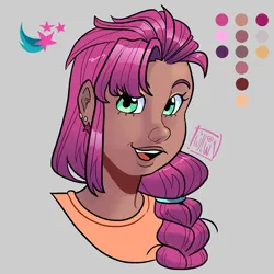 Size: 2160x2160 | Tagged: safe, artist:twillow, derpibooru import, sunny starscout, human, g5, braided ponytail, bust, clothes, color palette, cutie mark background, ear piercing, earring, eyeshadow, female, gray background, hair tie, humanized, image, jewelry, looking at you, makeup, moderate dark skin, open mouth, open smile, piercing, png, shirt, signature, simple background, smiling, smiling at you, solo