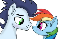 Size: 2139x1395 | Tagged: safe, artist:pinky cloudy, derpibooru import, rainbow dash, soarin', pegasus, pony, g4, blushing, female, image, looking at each other, looking at someone, male, mare, png, shipping, smiling, smiling at each other, soarindash, stallion, straight