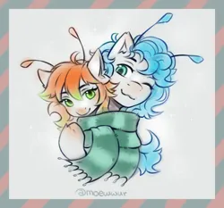 Size: 1500x1400 | Tagged: safe, artist:moewwur, artist:rin-mandarin, derpibooru import, oc, oc:syrok, unofficial characters only, pony, :3, antennae, blushing, clothes, comforting, curly hair, curly mane, cute, daaaaaaaaaaaw, female, green eyes, hug, image, looking at each other, looking at someone, male, mare, new year, one eye closed, png, postcard, scarf, snuggling, stallion, tendrils, wink