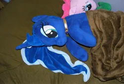 Size: 2269x1536 | Tagged: safe, derpibooru import, pinkie pie, princess luna, alicorn, earth pony, pony, g4, bed, blanket, female, image, indoors, irl, jewelry, jpeg, mare, necklace, photo, plushie