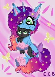 Size: 2629x3694 | Tagged: safe, artist:estrellasombria, derpibooru import, butterfly, cat, insect, pony, unicorn, g5, :3, abstract background, black cat, bow, cheek fluff, cuddling, duo, ear fluff, female, flower, flower in hair, holding a cat, horn, hug, image, leg fluff, mare, misty brightdawn, png, rebirth misty, tail, tail bow