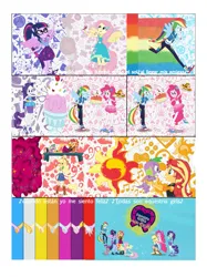 Size: 1117x1490 | Tagged: safe, artist:anacronobata, derpibooru import, applejack, fluttershy, pinkie pie, rainbow dash, rarity, sci-twi, spike, spike the regular dog, sunset shimmer, twilight sparkle, dog, human, equestria girls, g4, clothes, denim, denim skirt, fluttershy boho dress, geodes, humane five, humane seven, humane six, image, png, raglan shirt, rah rah skirt, rarity peplum dress, skirt, the rainbooms, theme song