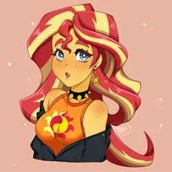 Size: 2000x2000 | Tagged: safe, artist:lekittyvt, artist:octacats, derpibooru import, sunset shimmer, human, g4, blue eyes, blushing, breasts, bust, busty sunset shimmer, choker, clothes, ear piercing, earring, image, jacket, jewelry, jpeg, open clothes, open jacket, open mouth, orange background, piercing, simple background, sleeveless, spiked choker, starry eyes, tanktop, two toned hair, wingding eyes