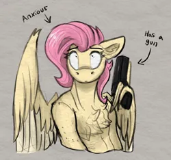 Size: 640x599 | Tagged: safe, artist:reddthebat, derpibooru import, fluttershy, pegasus, semi-anthro, g4, alternate hairstyle, anxious, arrow, chest fluff, ear fluff, female, floppy ears, gun, handgun, image, looking up, no trigger discipline, pinpoint eyes, pistol, png, short mane, solo, text, this will end in death, this will end in tears, this will end in tears and/or death, weapon, wing hands, wing hold, wings