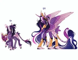 Size: 1620x1246 | Tagged: safe, artist:anemonaii, derpibooru import, part of a set, princess twilight 2.0, twilight sparkle, twilight sparkle (alicorn), alicorn, pony, unicorn, g4, season 1, season 9, the last problem, spoiler:s09, alternate color palette, alternate cutie mark, alternate design, alternate eye color, alternate hairstyle, alternate mane color, alternate tail color, alternate tailstyle, big crown thingy 2.0, black hooves, blaze (coat marking), book, bracer, clothes, coat markings, colored belly, colored ear fluff, colored eartips, colored hooves, colored pinnae, colored pupils, colored sclera, colored wings, colored wingtips, concave belly, crown, curved horn, cute, ear fluff, ethereal mane, eye markings, facial markings, feathered wings, female, fetlock tuft, fins, flowing mane, flowing tail, frown, galaxy mane, galaxy tail, glasses, glow, glowing horn, golden eyes, gradient wings, hair bun, hair over one eye, hooves, horn, image, immortality blues, impossibly long mane, impossibly long tail, jewelry, jpeg, leg markings, leonine tail, long horn, long mane, long tail, looking at someone, magic, mare, my little pony, older, older twilight, older twilight sparkle (alicorn), one ear down, open mouth, orange eyes, orange pupils, peytral, purple coat, purple magic, purple mane, purple scales, purple scarf, purple tail, purple wingtips, raised hoof, raised leg, redesign, regalia, scarf, serious, serious face, shaggy mane, signature, simple background, slender, socks (coat marking), solo, sparkles, spiky mane, spread wings, standing, standing on one leg, standing on two hooves, starry mane, starry tail, striped horn, striped tail, tail, tail fluff, tail markings, thin, three quarter view, three toned mane, three toned tail, tied mane, twiabetes, two toned wings, unicorn horn, unicorn twilight, watermark, wavy mane, wavy tail, white background, wing markings, wingless spike, wings