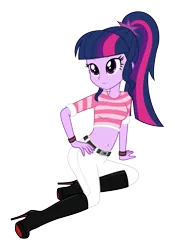 Size: 4400x6300 | Tagged: safe, alternate version, artist:gibsterboy5, artist:moogood, derpibooru import, edit, editor:moogood, vector edit, twilight sparkle, human, equestria girls, g4, belly, belly button, belt, boots, clothes, female, hand on hip, high heel boots, high heels, high res, image, leather, leather boots, looking at each other, looking at someone, midriff, pants, png, ponytail, red sole shoes, scrunchie, shirt, shoes, simple background, sitting, solo, striped shirt, stripes, transparent background, vector, white pants, wristband