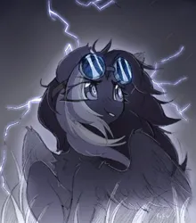 Size: 766x871 | Tagged: oc name needed, safe, alternate version, artist:flixanoa, derpibooru import, oc, unofficial characters only, pegasus, pony, backlighting, big eyes, black coat, chest fluff, colored sketch, commission, determined look, determined smile, ear tufts, eye clipping through hair, eyebrows, eyebrows visible through hair, eyelashes, feathered wings, female, female oc, fluffy mane, freckles, glow, glowing eyes, goggles, goggles on head, gradient background, grass, gray eyes, hatching (technique), hock fluff, human shoulders, image, jpeg, lightning, limited palette, long mane, mare, mare oc, narrowed eyes, outdoors, partially open wings, pegasus oc, rain, raised hoof, shoulder fluff, signature, sitting, sketch, smiling, solo, swirly eyes, three quarter view, turned head, two toned mane, white pupils, wind, windswept mane, wing fluff, wings