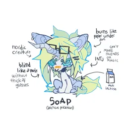 Size: 851x851 | Tagged: safe, artist:cutesykill, derpibooru import, oc, oc:soap (0saippua), unofficial characters only, pony, unicorn, band-aid on nose, bandaid, beanbrows, big ears, big eyes, big head, big mane, blue eyelashes, blue eyes, blue pupils, chibi, colored eyebrows, colored eyelashes, colored pinnae, crooked horn, ear piercing, earring, eyebrows, eyelashes, glasses, glasses on head, green mane, green tail, hair bun, hairclip, horn, image, jewelry, leg fluff, long horn, narrowed eyes, no mouth, nordic, nose piercing, nose ring, piercing, png, septum piercing, simple background, sitting, slit pupils, spiky mane, spiky tail, square glasses, tail, text, thick eyelashes, three quarter view, tied mane, unamused, unicorn horn, unicorn oc, white background, white coat