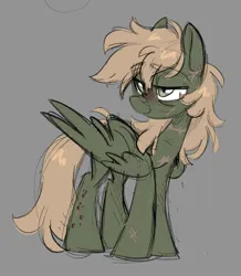 Size: 1302x1493 | Tagged: safe, artist:crimmharmony, derpibooru import, oc, oc:murky, unofficial characters only, pegasus, pony, fallout equestria, fallout equestria: murky number seven, ears up, eyebrows, fanfic art, folded wings, image, lidded eyes, male, pegasus oc, png, scar, simple background, smiling, stallion, standing, wings