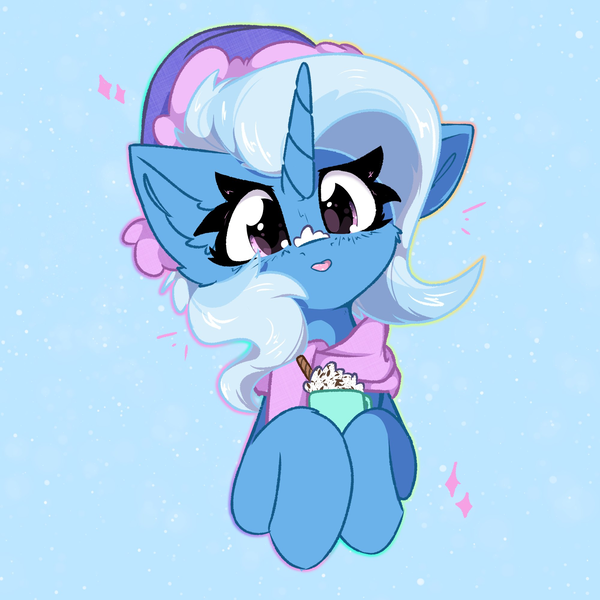 Size: 2000x2000 | Tagged: safe, artist:jubyskylines, trixie, pony, unicorn, :p, blue background, clothes, cute, diatrixes, drink, emanata, female, food, hat, horn, image, imported from derpibooru, looking at you, mare, mug, png, scarf, simple background, smoothie, snow, solo, tongue out, whipped cream