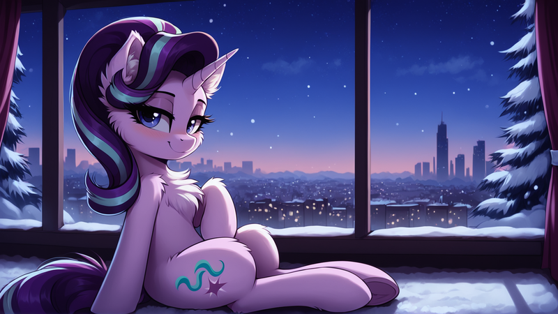 Size: 1920x1080 | Tagged: safe, ai content, generator:snowpony, machine learning generated, prompter:paleluna, starlight glimmer, pony, unicorn, g4, arm fluff, bedroom eyes, blushing, chest fluff, city, cityscape, ear fluff, eyelashes, female, horn, image, indoors, lidded eyes, looking at you, mare, night, png, room, scenery, scenery porn, side view, sitting, skyline, smiling, solo, solo female, tail, tree, underhoof, vibing, watching, window, winter