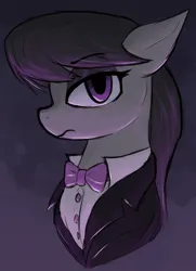 Size: 1520x2104 | Tagged: safe, artist:candel, derpibooru import, octavia melody, earth pony, pony, g4, bowtie, clothes, eyeshadow, female, frown, image, looking at you, makeup, mare, png, solo, suit