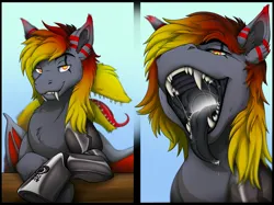 Size: 4025x3017 | Tagged: suggestive, artist:ferretfax, derpibooru import, oc, oc:traga, bat pony, pony, drool, esophagus, fangs, image, jpeg, looking at you, mawshot, open mouth, robotic arm, simple background, solo, teeth, tongue out