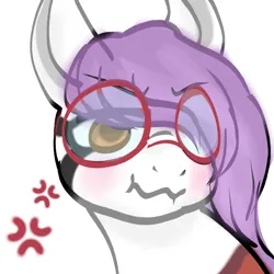 Size: 1024x1024 | Tagged: safe, artist:iridescentclaws, derpibooru import, oc, oc:mockery, unofficial characters only, earth pony, pony, amber eyes, blushing, bust, digital art, earth pony oc, eyeliner, glasses, hair over one eye, image, makeup, male, png, portrait, purple hair, purple mane, round glasses, scrunchy face, simple background, solo, stallion, white background, white body, white coat, white fur