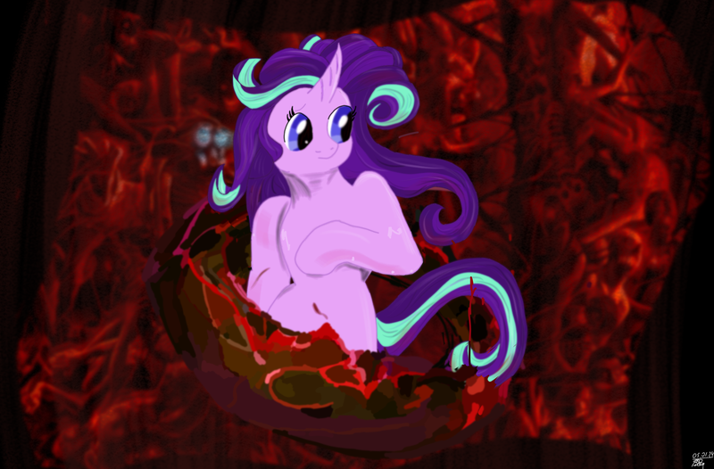 Size: 1946x1280 | Tagged: semi-grimdark, artist:tiska, derpibooru import, starlight glimmer, pony, unicorn, g4, hell, horn, image, png, portal, solo