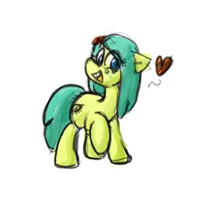 Size: 900x795 | Tagged: safe, artist:zutcha, derpibooru import, ocellus, earth pony, pony, g4, bucktooth, disguise, disguised changeling, eye clipping through hair, female, floating heart, freckles, heart, image, jpeg, looking at you, mare, open mouth, open smile, pony ocellus, simple background, sketch, smiling, smiling at you, solo, white background