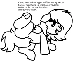 Size: 1000x849 | Tagged: suggestive, artist:redcrow32, oc, oc:anonfilly, unofficial characters only, pegasus, pony, >rape, aren't you going to ravish me?, black and white, blushing, female, filly, frog (hoof), grayscale, hoofbutt, image, implied foalcon, implied underage, large butt, looking at you, monochrome, png, simple background, solo, strategically covered, tail censor, underhoof, white background