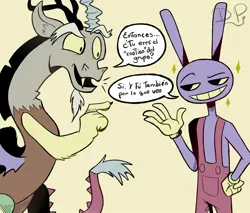 Size: 2048x1745 | Tagged: safe, artist:dumbpython, derpibooru import, discord, anthro, draconequus, rabbit, g4, animal, crossover, dialogue, duo, duo male, emanata, grin, image, jax (tadc), jpeg, male, open mouth, open smile, pointing, signature, simple background, smiling, spanish, sparkles, speech bubble, the amazing digital circus, translated in the description