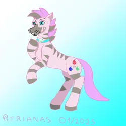 Size: 3000x3000 | Tagged: safe, artist:atrianas, derpibooru import, oc, oc:azulejo safran, zebra, cutie mark, gradient background, image, pink fur, pink mane, png, shell, simple background, stripes, water droplet