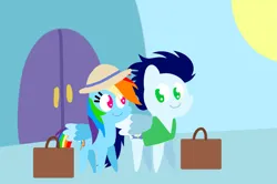 Size: 1935x1285 | Tagged: safe, anonymous artist, derpibooru import, rainbow dash, soarin', pegasus, pony, series:soarindash honeymoon, series:soarindash romantic tales, g4, clothes, derpibooru exclusive, female, hat, image, looking at each other, looking at someone, male, mare, png, pointy ponies, shipping, smiling, smiling at each other, soarindash, stallion, straight