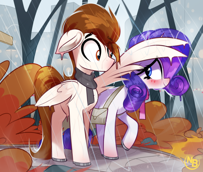 Size: 4270x3617 | Tagged: safe, artist:nevobaster, derpibooru import, rarity, oc, oc:rml, pegasus, pony, unicorn, g4, autumn, blushing, canon x oc, city, covering, cute, eyelashes, eyes closed, eyeshadow, female, forest, horn, image, lidded eyes, makeup, mare, nature, outdoors, png, rain, raribetes, shipping, sitting, skyscraper, tree, wet, wet mane