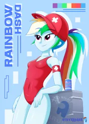 Size: 1300x1802 | Tagged: safe, artist:steyrrdash, derpibooru import, rainbow dash, human, equestria girls, g4, cap, clothes, hat, image, legs together, one-piece swimsuit, png, red swimsuit, solo, swimsuit