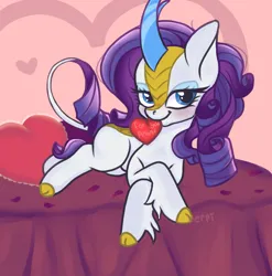 Size: 782x790 | Tagged: suggestive, artist:derpiwoo, derpibooru import, rarity, kirin, pony, g4, bedroom eyes, blushing, cloven hooves, crossed hooves, female, heart, holiday, image, implied anon, kirin rarity, kirinified, looking at you, lying down, mare, mouth hold, png, signature, solo, species swap, valentine's day