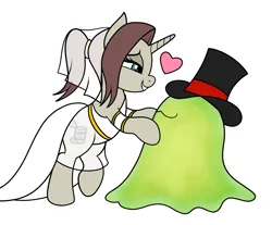 Size: 1808x1500 | Tagged: safe, artist:vomitvomiting, derpibooru import, oc, oc:benevolent bedlam, oc:store brand soup, goo, pony, unicorn, clothes, dress, duo, hat, heart, horn, image, png, simple background, top hat, wedding dress, white background