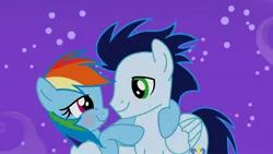 Size: 2560x1440 | Tagged: safe, derpibooru import, rainbow dash, soarin', pegasus, pony, g4, background, blushing, female, flying, image, jpeg, male, night, shipping, soarindash, straight