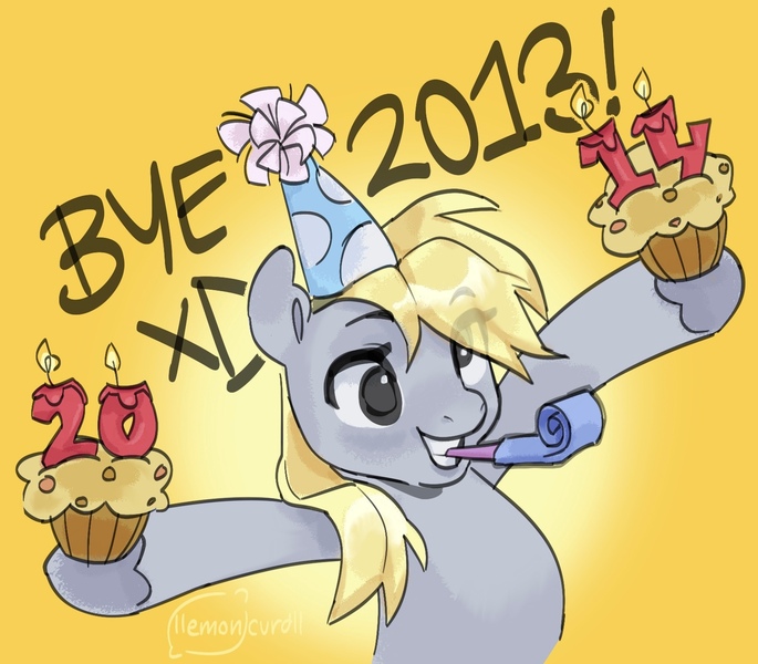 Size: 1577x1382 | Tagged: safe, artist:llemoncurdll, derpibooru import, derpy hooves, pegasus, pony, g4, candle, derp, derpy being derpy, eye clipping through hair, female, food, happy, happy new year, happy new year 2024, hat, holiday, image, jpeg, mare, muffin, noisemaker, party hat, party horn, simple background, smiling, solo, yellow background