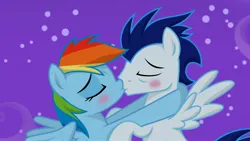 Size: 2560x1440 | Tagged: safe, derpibooru import, rainbow dash, soarin', pegasus, pony, g4, background, blushing, female, flying, image, jpeg, kiss on the lips, kissing, male, night, shipping, soarindash, straight