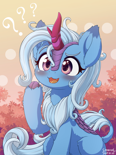 Size: 1500x2000 | Tagged: safe, artist:symbianl, derpibooru import, trixie, kirin, pony, g4, 2020, :3, blushing, cloven hooves, confused, cute, cute little fangs, diatrixes, ear fluff, fangs, female, fluffy, hoof fluff, horn, image, kirin trixie, kirinified, leg fluff, looking at you, mare, old art, open mouth, open smile, png, sitting, smiling, smiling at you, solo, species swap